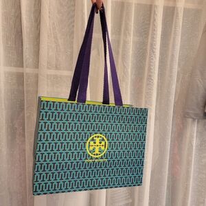 Tory Burch Shopping Bag Teal, Purple, & Neon Yellow Green